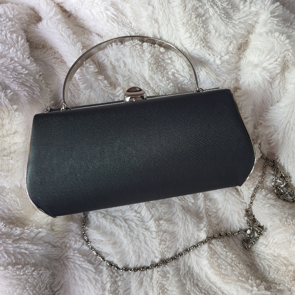 Viola Collection black purse, clutch with metallic accents & chain strap.